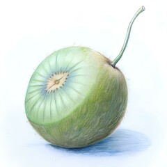 A detailed pencil drawing of a kiwi berry. half sliced to reveal its vibrant green flesh.