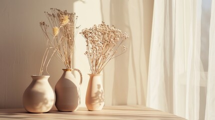 Sunlit minimalist vases with dried plants casting long shadows on a wooden surface by a sheer curtained window.