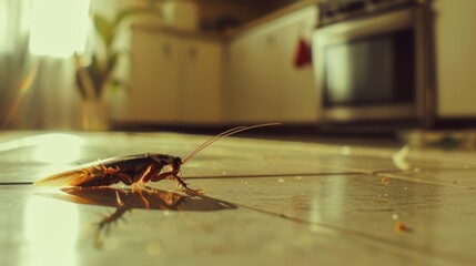A large cockroach on a kitchen floor in the morning light, highlighting the contrast between domestic life and nature's unwelcome intruders.