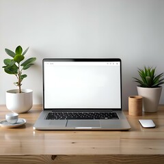 Fototapeta premium A minimalist workspace with a laptop. blank screen. and a few decorative plants.