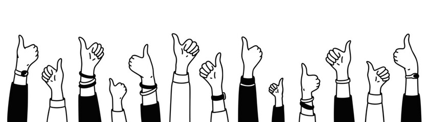 Cute line doodle raising hands with thumb up background. Crowd of happy people, satisfied customers, clients, business audience. Celebration concept. Like gesture