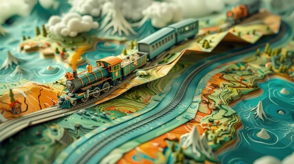 A whimsical depiction of a toy train navigating a map filled with fantasy landscapes, with the train emerging from a paper fold, and copy space in the upper corner.