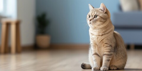 A beige cat with subtle striped fur sits attentively on a wooden floor inside a room with blue and beige elements.