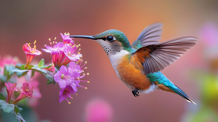 Fototapeta premium Hummingbird in Flight with Pink Flowers - Nature Photography