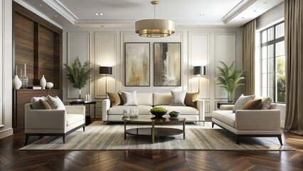 Fototapeta premium Creamy white walls adorned with modern abstract art pieces contrast beautifully with dark wood floors and sleek, low-profile furniture in a chic interior setting.