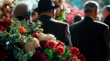 People at a memorial service, surrounded by vibrant floral arrangements, reflect in solemn remembrance.