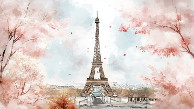 A scenic watercolor of the Eiffel Tower surrounded by blooming cherry blossoms, capturing the essence of Parisian beauty.