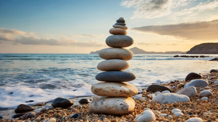 Fototapeta premium Balance of stones on the beach against the background of the sea