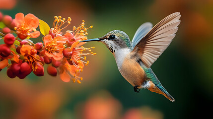 Fototapeta premium Hummingbird in Flight, Feeding on a Flower, Illustration
