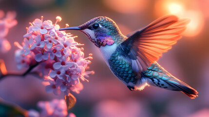 Obraz premium Hummingbird In Flight, Colorful Bird, Small Bird, Blurred Background, Pink Flowers, Nature Photography