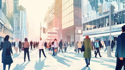 Obraz premium A bustling urban street scene with pedestrians walking, backlit by a bright, sunlit morning, showcasing the liveliness of a busy city.