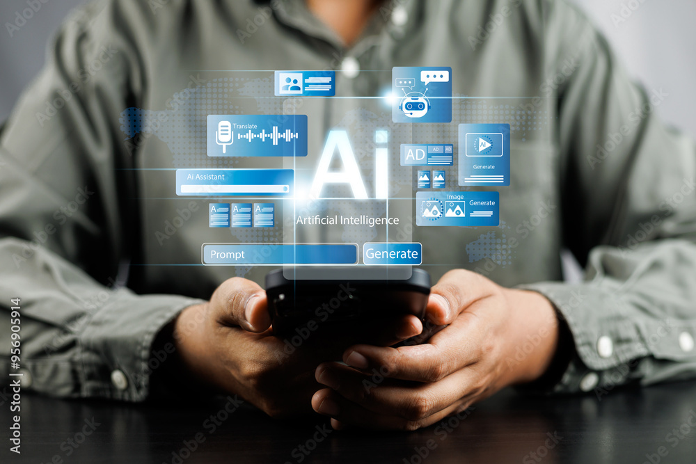 Fototapete Businessman use artificial intelligence AI technology for enhanced work efficiency data analysis and efficient tools, Unlocking work potential with AI solutions chatbot help solve work problems.