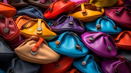 Fashionable multi colored trendy womens bags of all bright colors of the rainbow on a dark background. Neural network ai generated art