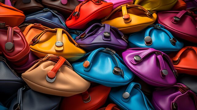 Fashionable multi colored trendy womens bags of all bright colors of the rainbow on a dark background. Neural network ai generated art