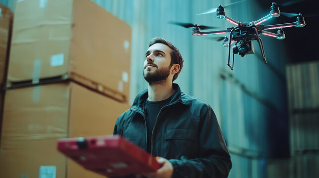 Double exposure Businessman adopts drone technology for rapid last-mile delivery solutions.