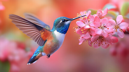 Fototapeta premium Hummingbird Feeding on Pink Flowers Illustration