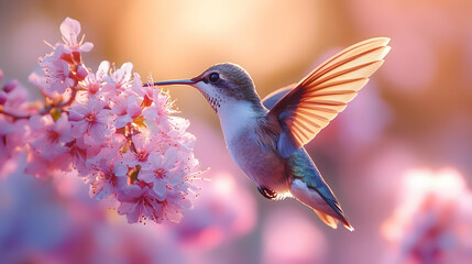 Fototapeta premium Hummingbird Feeding on Pink Flowers Illustration