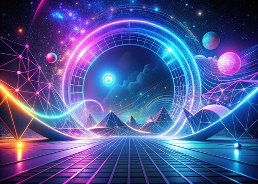Curved timeline digital art hand-drawn illustrations geometric shapes neon colors futuristic mood dreamy style abstract technique sfm animation futuristic concept