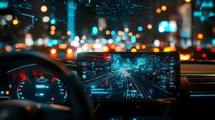 Futuristic Dashboard with Holographic Road Map and Guidance in Urban Environment