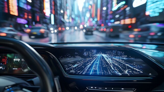Futuristic Dashboard with Holographic Road Map Guiding AI-Powered Vehicle in Urban Environment