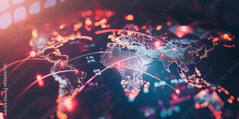 Poster concept of global trade with world map and lines connecting continents, symbolizing international ec