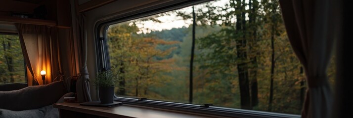 A serene, cozy view of an autumn forest from inside a camper van, capturing the essence of travel and tranquility.