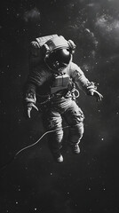 Fototapeta premium A solitary astronaut floating in the vastness, tethered by a single line.