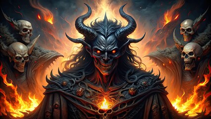 Dark, ominous, and mystical illustration of a demonic entity known as Belial, surrounded by eerie flames, skulls, and forbidden ancient scriptures.