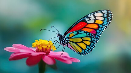 Obraz premium High-resolution close-up of a butterfly perched on a flower, showcasing its colorful wings, delicate details, and the flower's texture.
