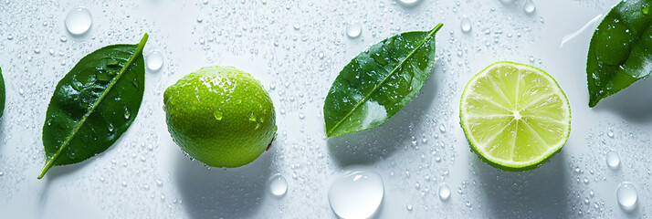 Fresh limes on white background with water drops and dew