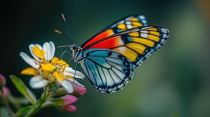 Obraz premium High-resolution close-up of a butterfly perched on a flower, showcasing its colorful wings, delicate details, and the flower's texture.