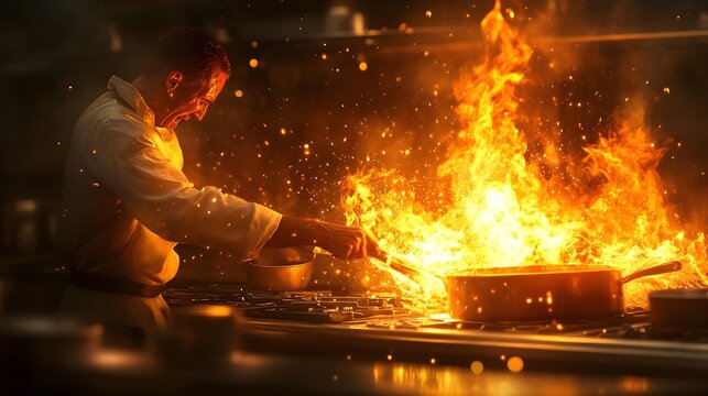 A cook battling fire and smoke in a chaotic kitchen, flames reflecting off metal surfaces, deep shadows, steampunk aesthetic, high detail, oil painting style