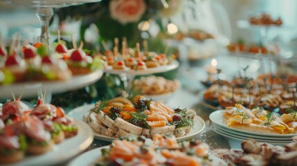 An elegant spread of gourmet food on a tastefully decorated table, filled with an assortment of appetizers and delicacies, ready for a grand feast.