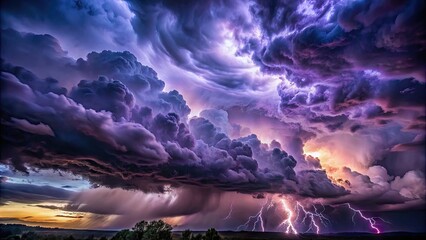 Dark foreboding clouds billow across a turbulent stormy evening sky, lit by flashes of lightning, with shades of deep indigo, grey, and purple hues.