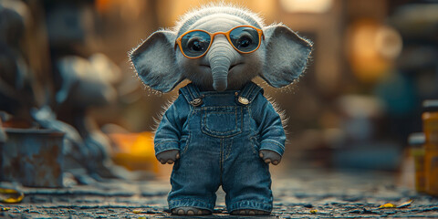 A cute, cartoon elephant wearing denim overalls and sunglasses.