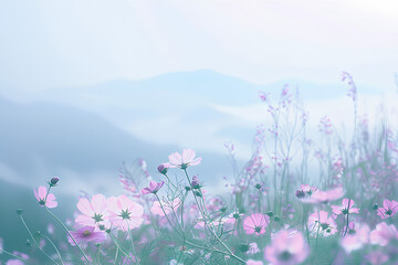 A blurry pastel background of a field with pink and white flowers, blurred mountains in the distance, ethereal, soft focus, vintage, dreamy, whimsical