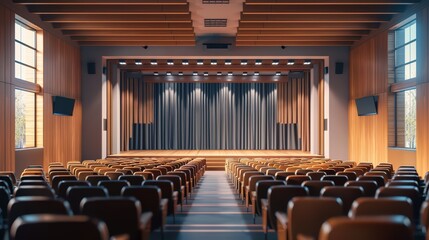 Spacious auditorium with wooden accents, featuring rows of seats and a stage ready for performances or presentations.
