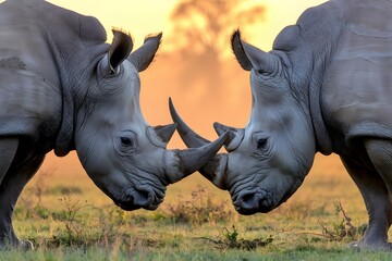 Fototapeta premium Two rhinoceroses in grassland, horns touching to form V shape, golden background