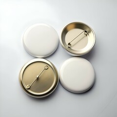 Four blank white round buttons with silver metal backing. perfect for adding your own designs or logos.