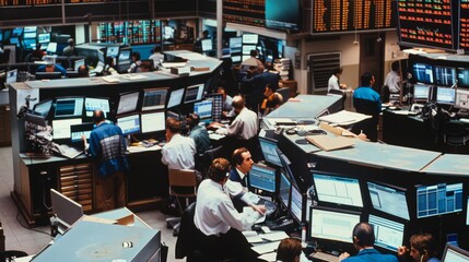 Obraz premium An aerial perspective of a circular trading desk bustling with traders and multiple screens, exemplifying a high-energy stock market environment.