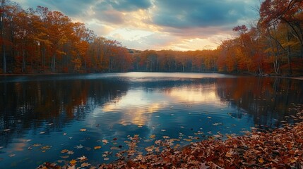 Obraz premium Serene autumn lake scene with vibrant foliage reflected in the calm water creating a dynamic and balanced visual display of warm and cool tones in a peaceful natural setting