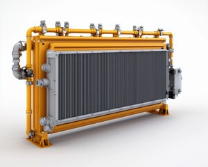 Fototapeta premium Industrial heat exchanger with a robust design, featuring yellow piping and gray cooling panels for efficient thermal transfer.