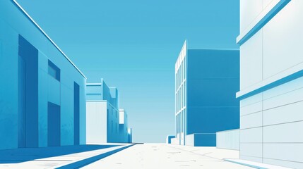 Fototapeta premium Blue and White Buildings with Empty Street Perspective