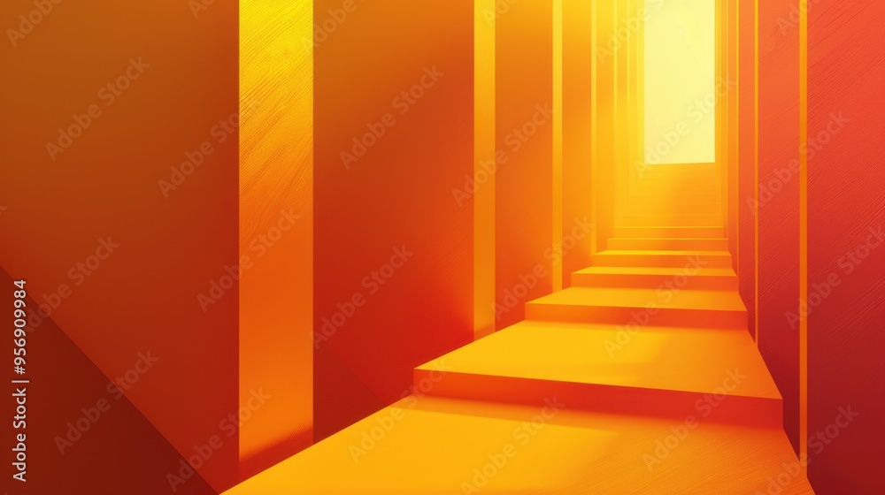 Wall mural Abstract Stairway Leading to a Bright Light Source in a Sun-Drenched Orange and Red Room