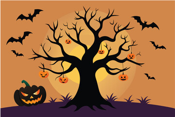 Halloween tree with pumpkins and bats, t-shirt design vector.