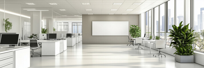 Bright and spacious modern office setup featuring large windows and minimalistic design elements