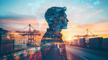 Double exposure Businessman partners with digital freight forwarders to streamline booking and tracking processes.