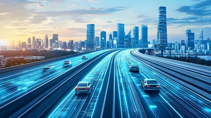 Obraz premium Electrified Highway of the Future Powering Vehicles in Motion,Modern Cityscape on the Horizon
