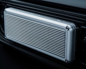 Fototapeta premium Close-up view of a modern metallic air conditioner component, showcasing sleek design and intricate detailing.