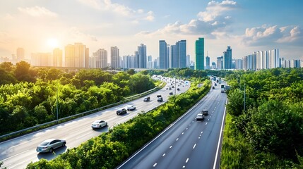 Fototapeta premium Electric Highway Powering Vehicles in Futuristic Cityscape